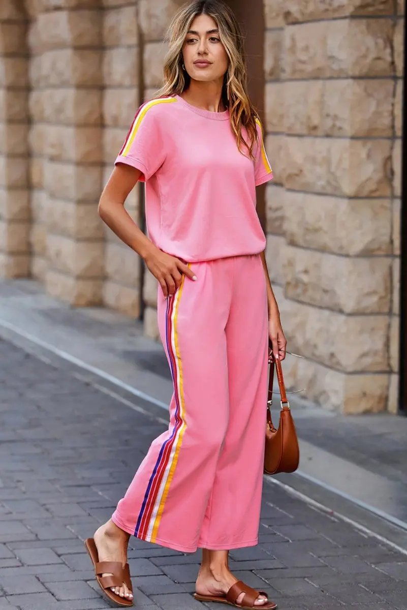 Bonbon Color Contrast Crewneck T Shirt and Wide Leg Pants Set - Love Salve
